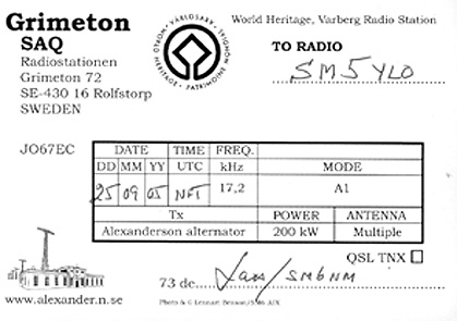 QSL SAQ tx 25 sep. 2005 Lennart Deimert